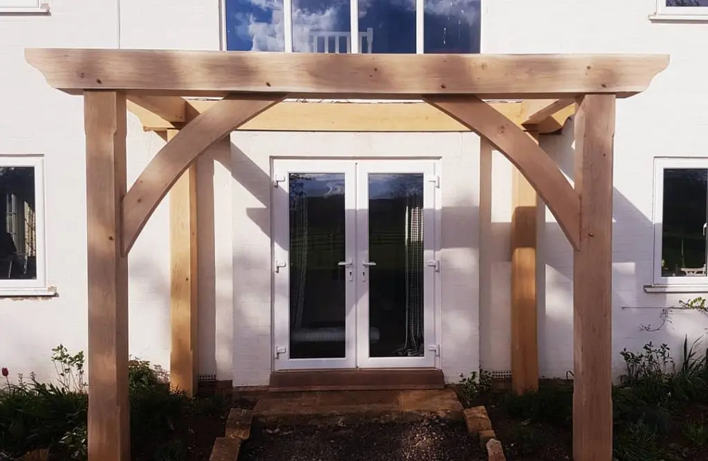 Renovated Oak Pergola Porch, Fresh Sawn Oak Beams, PAR Fresh Sawn Oak Beams, Oak Dowels, Pergola