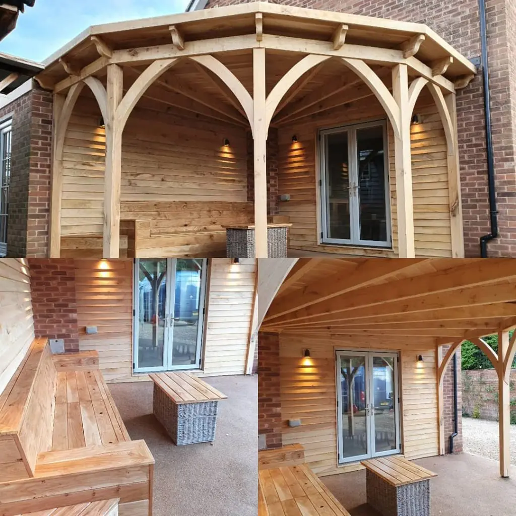 Fresh Sawn Oak BBQ Decking Area, Fresh Sawn Oak Beams, PAR Fresh Sawn Oak Beams, Rebated Character Grade Oak Featheredge Cladding, BBQ Area, Oak BBQ Area