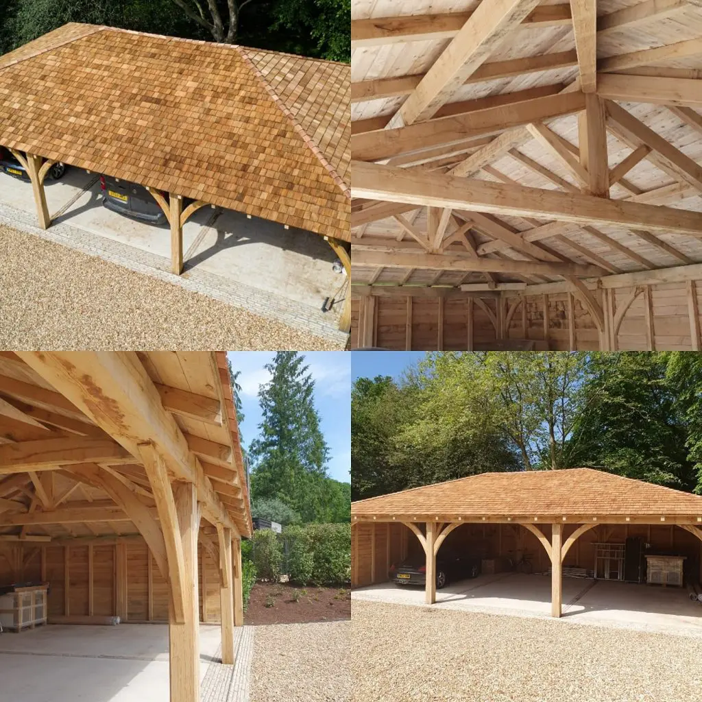 A three bay carport constructed using custom cut fresh sawn green oak and western red cedar shingles.