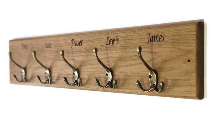 Hallway hook with children's names engraved in kiln dried oak