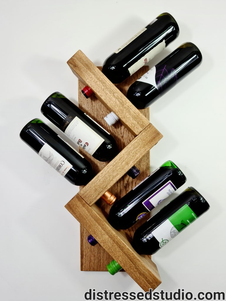 An Oak wine Holder Rack with wine bottles in it