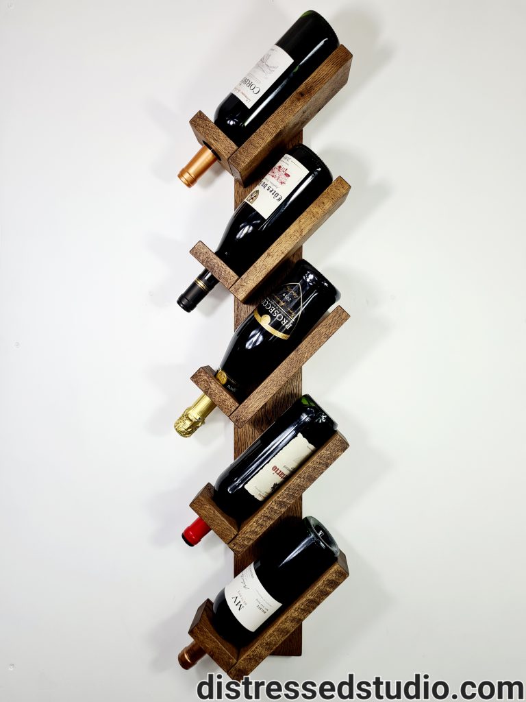An Oak Wine Holder rack with multiple bottles of wine in it