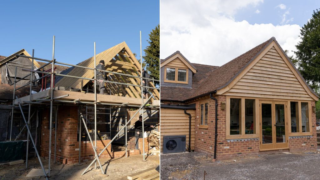 Photo showing the before and after of the construction process on the rear extension and the garage using green oak.