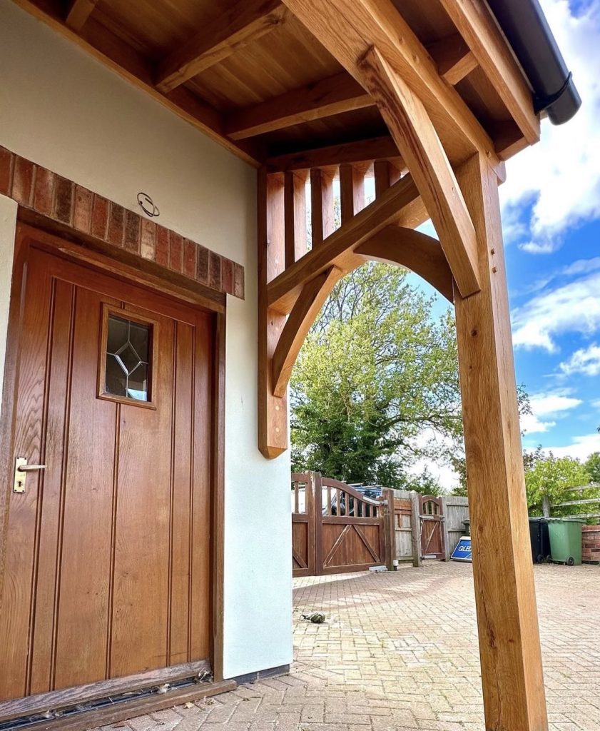 A front door porch created using custom cut structural oak